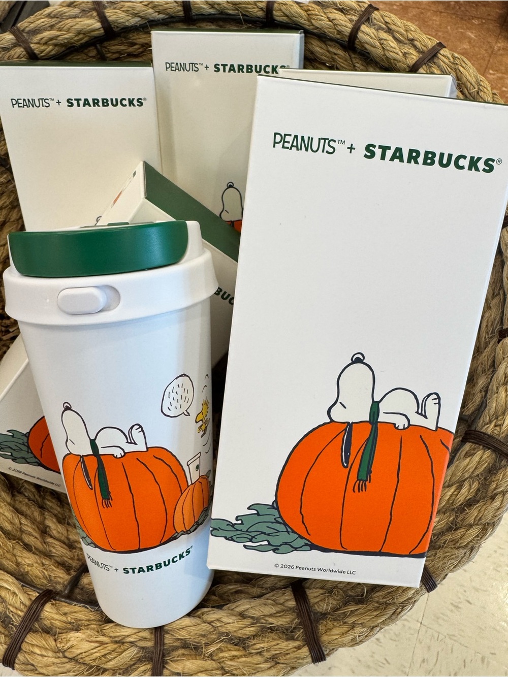 Starbucks Peanuts White Tumbler with Orange Pumpkin and Green Lid